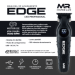 A elegante máquina de cortar cabelo elétrica MAQUINA DE ACABAMENTO EDGE BIVOLT, da Mister Lizz, em preto e prata, com display digital. Os destaques incluem um potente motor de 7.000 RPM, bateria de lítio com autonomia de 100 minutos, carregamento prático via USB e compatibilidade automática com bivolt. Os ícones representam os principais recursos.