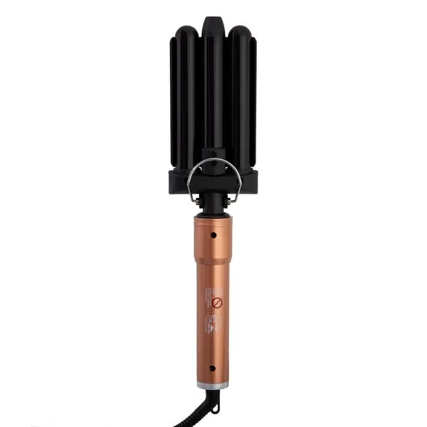 O MODELADOR BEACH WAVE TRIONDAS BILVOLT é um aparelho elétrico para modelar cabelos nas cores cobre e preto, com uma alça cilíndrica e quatro cilindros grandes de cerâmica preta dispostos em forma de trevo, quando vistos de frente. Um cabo de alimentação sai da base da alça.