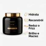 Pote preto do produto para cabelos Lizzon Pre-Liss com tampa dourada. O texto ao lado destaca os benefícios: hidrata, reconstrói, reduz o frizz, confere brilho e maciez. Fundo branco com ícones dourados simples.