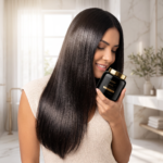 Uma mulher com cabelos longos, lisos e pretos segura um frasco preto e dourado de produto para cabelos perto do rosto, sorrindo, em um banheiro bem iluminado, com paredes brancas e luz natural.