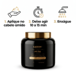 Frasco preto com o rótulo “Lizzon Profissional pré-liss” e três instruções ilustradas acima: aplicar no cabelo molhado, esperar de 10 a 15 minutos, enxaguar. Os ícones mostram uma mão, um relógio e um chuveiro, com texto em português.
