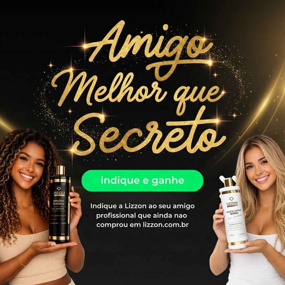 Duas mulheres estão lado a lado; uma segura uma caixa da Lizzon Professional, a outra segura dois frascos de produtos para cabelo da Lizzon Professional. O texto promove o fato de se tornar um revendedor oficial com até 70% de lucratividade.