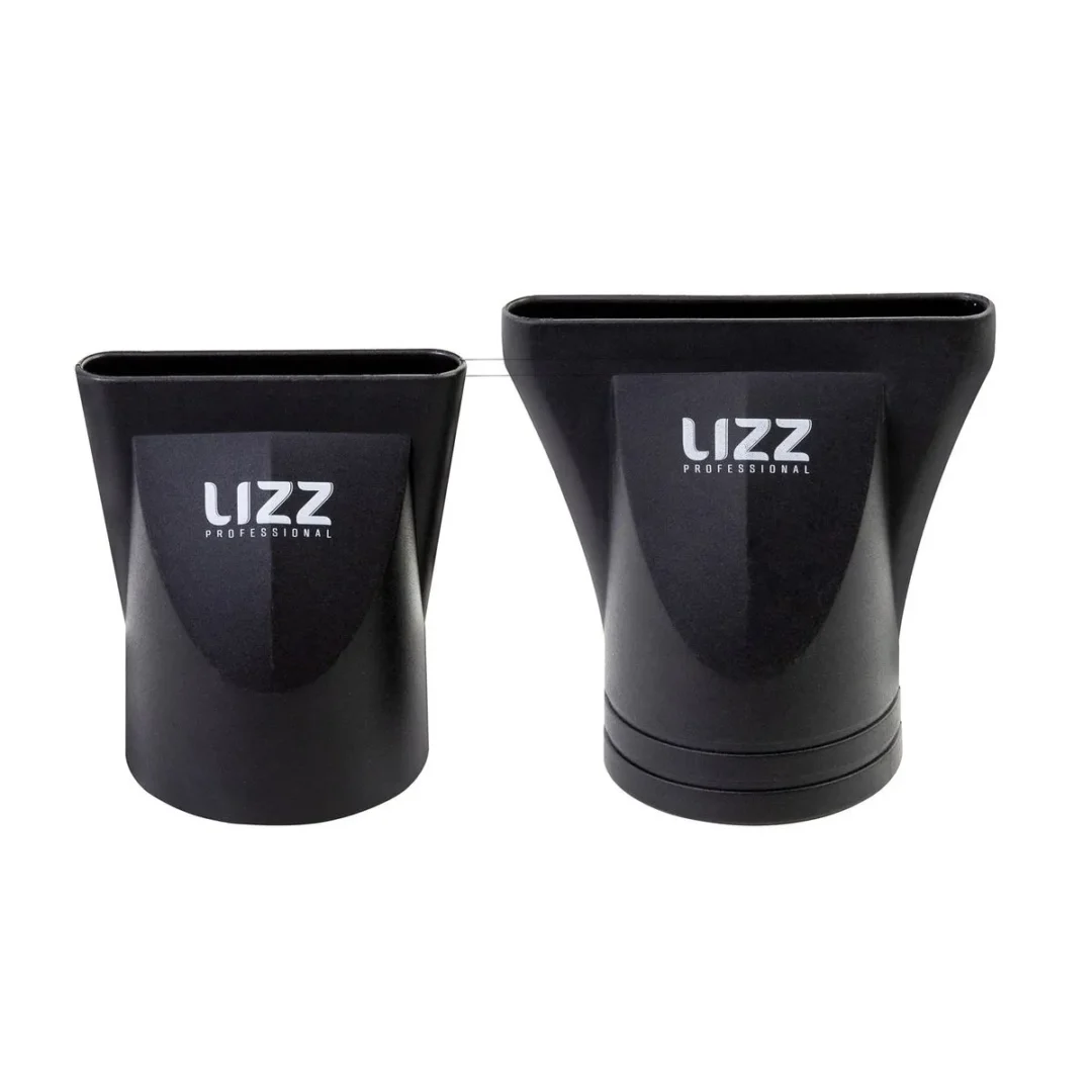 Dois bicos concentradores de plástico preto, de tamanhos diferentes, para o SECADOR PROFISSIONAL FOCUS 2600W 220V - DIGITAL, cada um com a inscrição “LIZZ PROFESSIONAL” impressa em branco na parte frontal, exibidos lado a lado sobre um fundo branco.