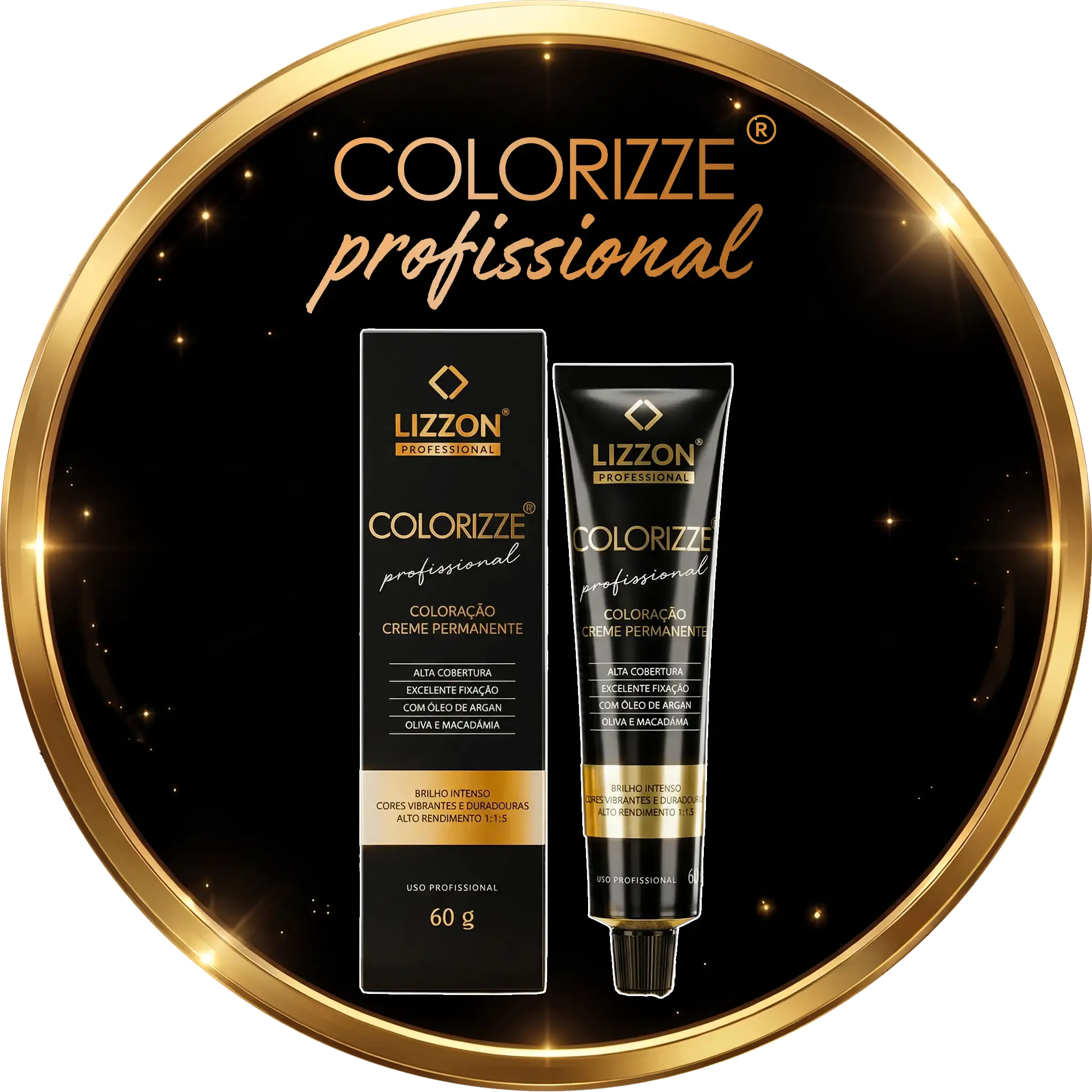 Um tubo da tintura de cabelo em creme permanente Colorizze Profissional e sua embalagem são exibidos sobre um fundo circular preto e dourado, com a marca do produto e texto em português.