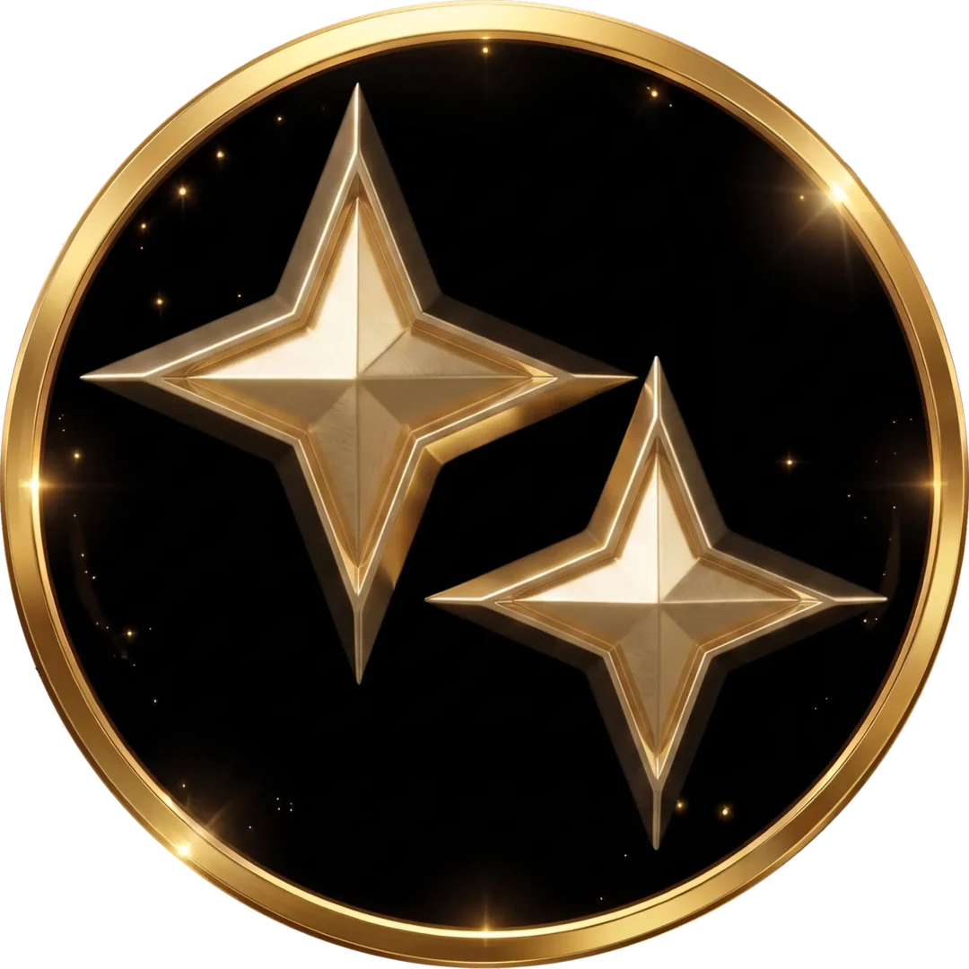 Um emblema circular preto com borda dourada exibe duas estrelas douradas de quatro pontas, uma maior e outra menor, com acabamento metálico e alguns pequenos detalhes brilhantes ao redor delas.