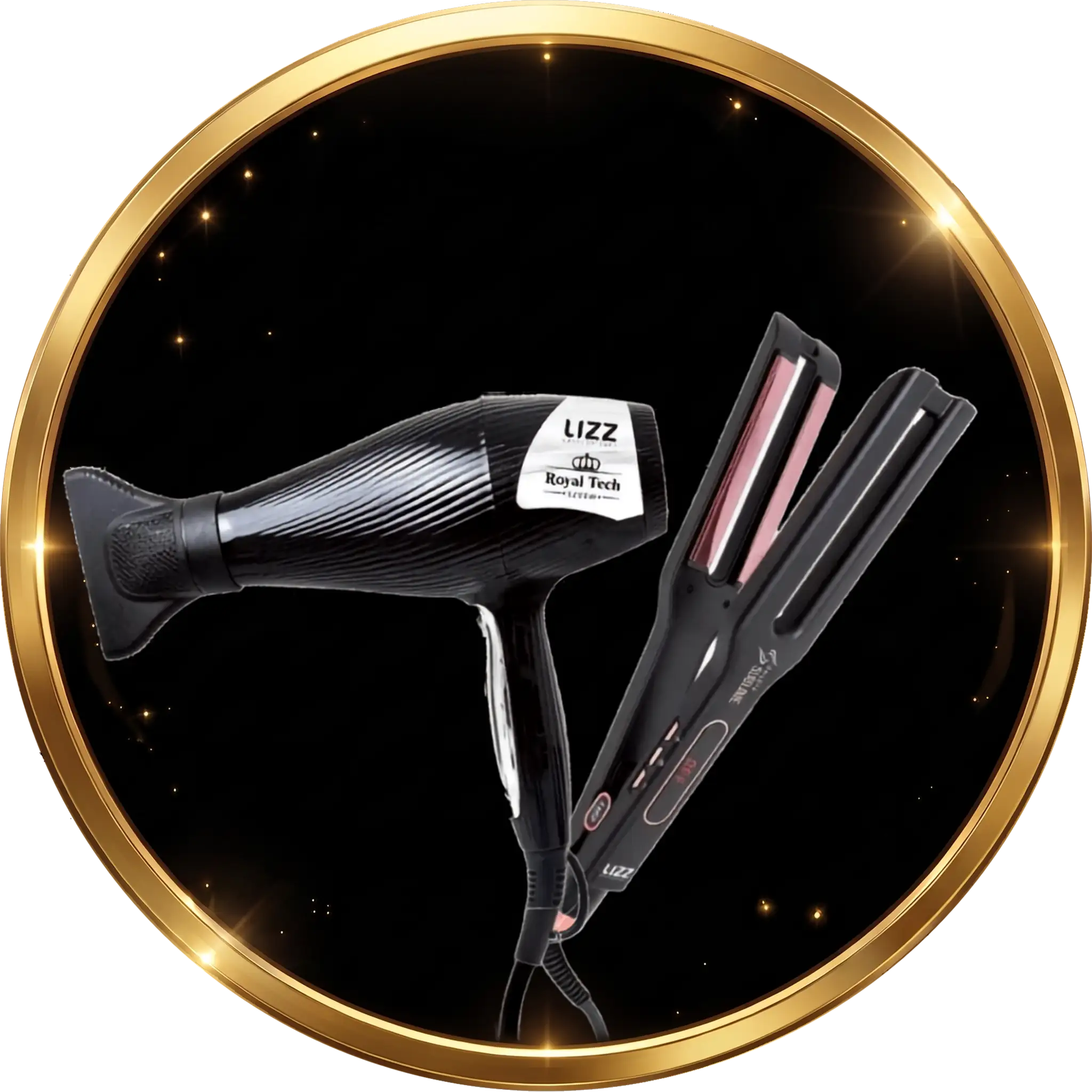 Um secador de cabelo preto e uma chapinha preta com placas rosa estão expostos lado a lado sobre um fundo preto, com uma borda circular dourada e pequenos efeitos de luz brilhantes.