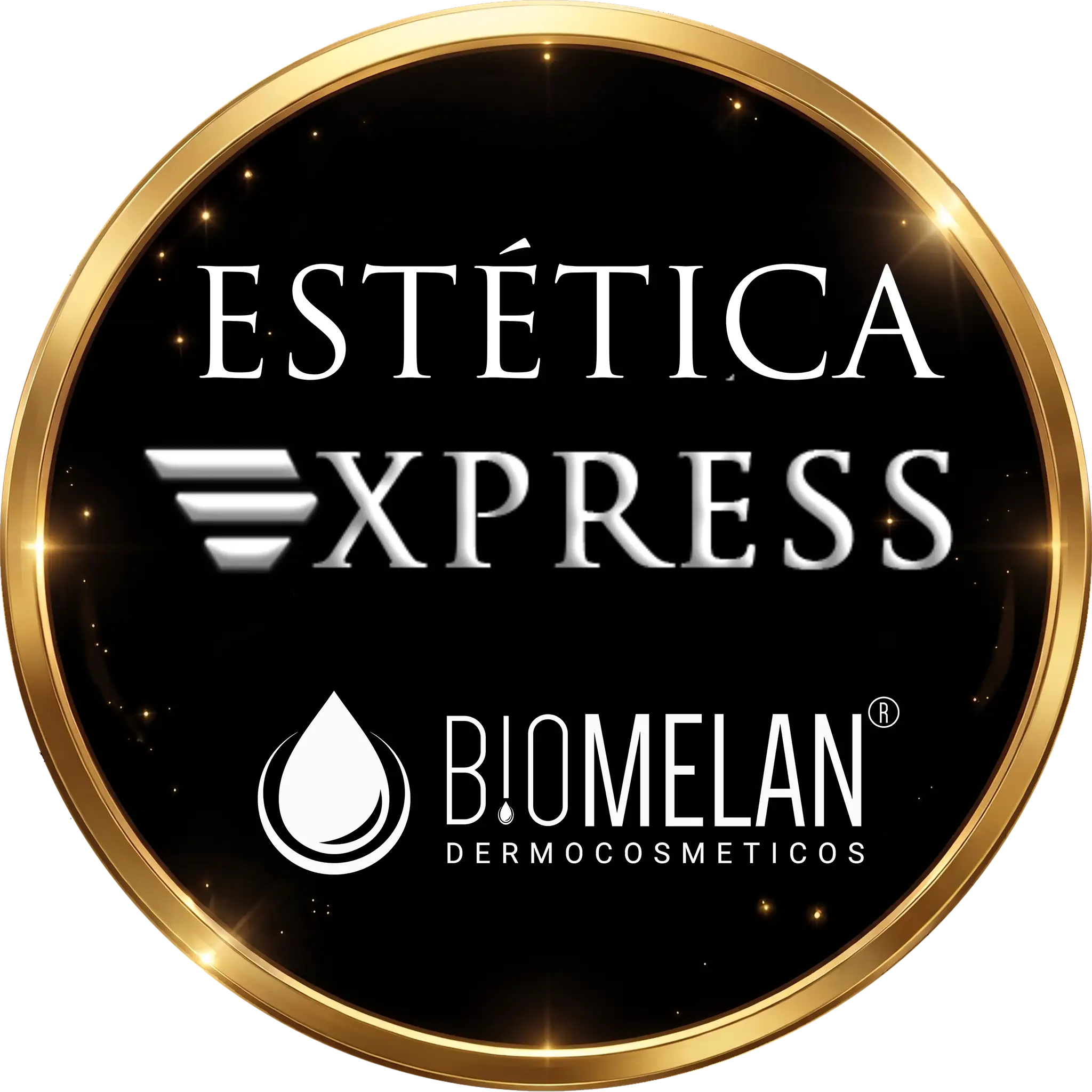 Um logotipo circular preto com borda dourada exibe o texto “ESTÉTICA EXPRESS” acima de um ícone de gota d’água e “BIOMELAN DERMOCOSMÉTICOS” em letras maiúsculas brancas.