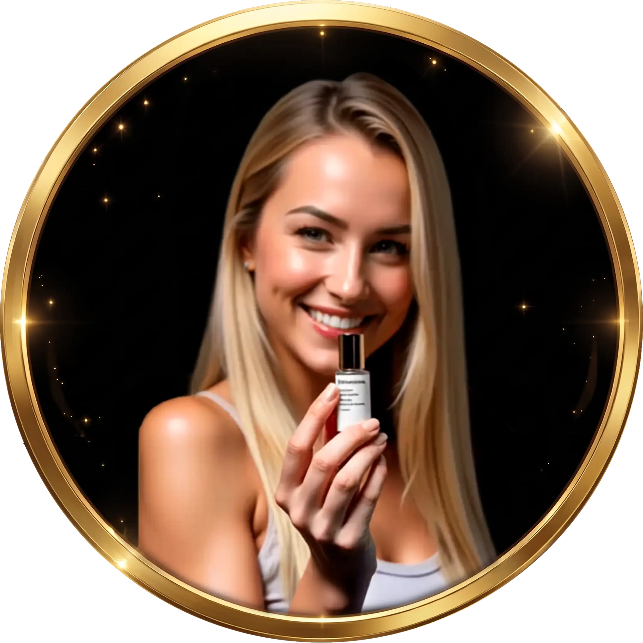 Uma mulher sorridente, com longos cabelos loiros, segura um frasco pequeno — possivelmente um produto para a pele ou cosmético — contra um fundo preto. A imagem é emoldurada por uma borda circular dourada com efeitos de luz cintilantes.