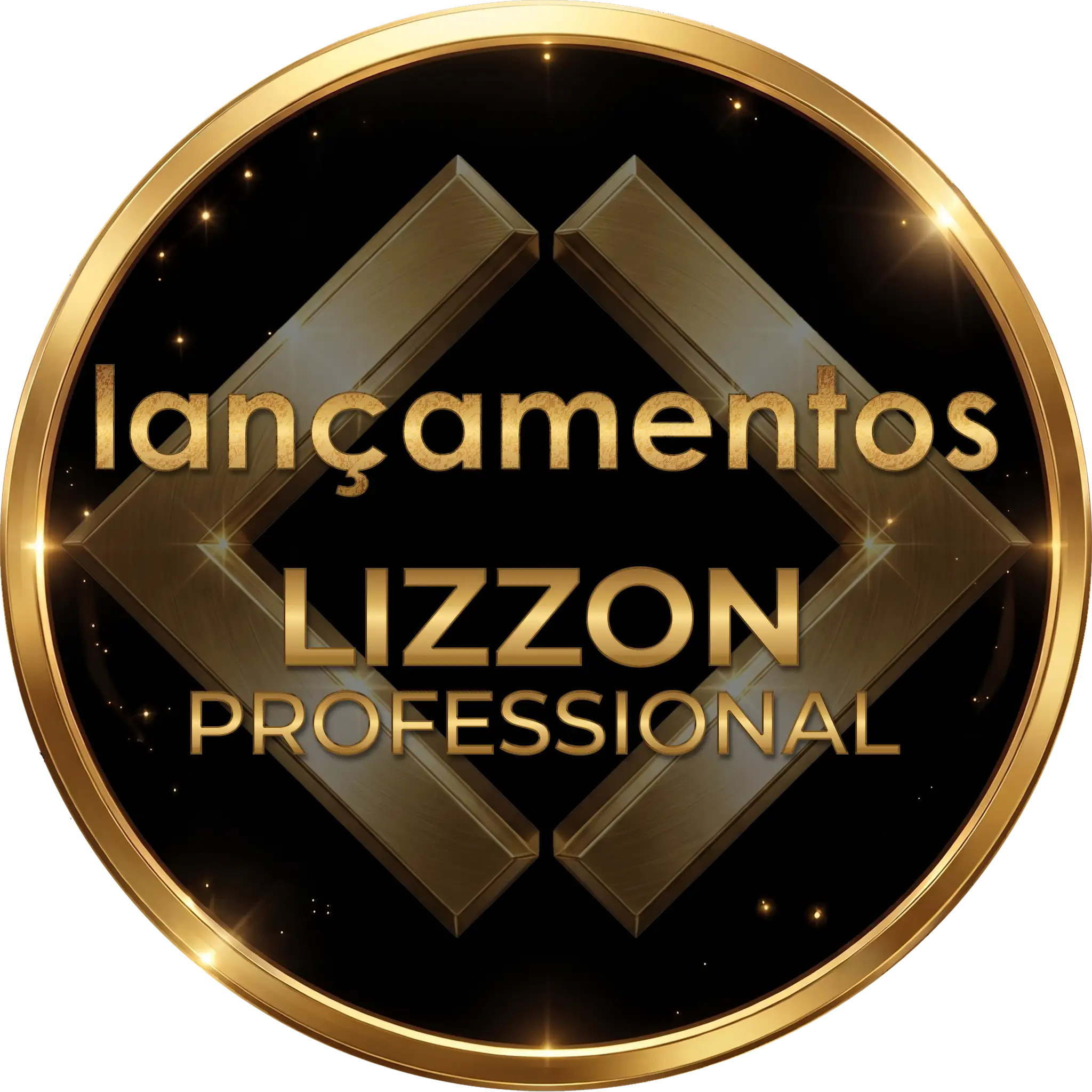 Um logotipo circular com as palavras “lançamentos LIZZON PROFESSIONAL” em letras douradas sobre fundo preto, realçado por formas geométricas douradas e uma borda dourada brilhante.