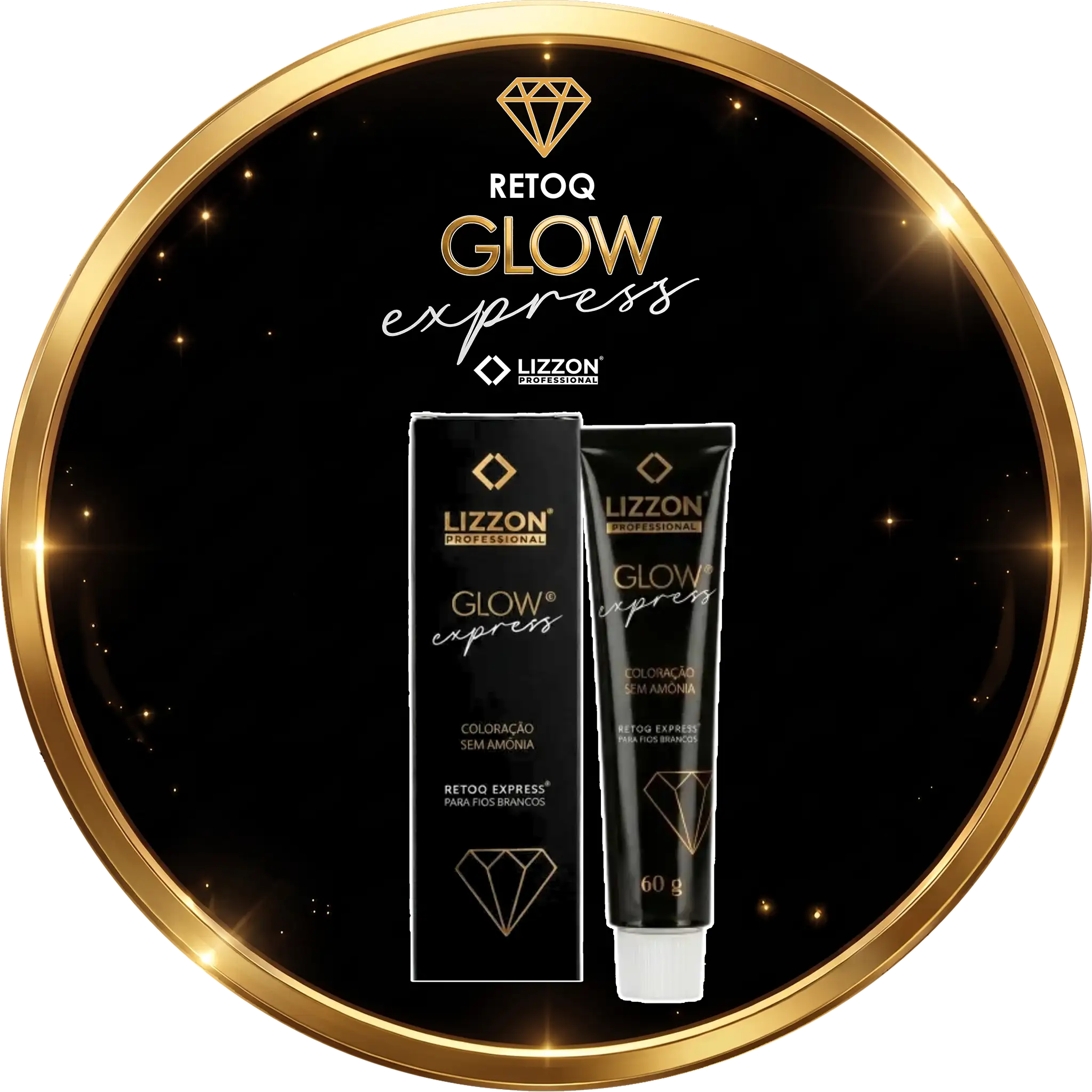 Um gráfico circular em preto e dourado mostra um tubo do creme de coloração Lizzon Glow Express e sua embalagem, com ícones de diamantes e texto em português. O fundo é escuro, com reflexos claros nas bordas.