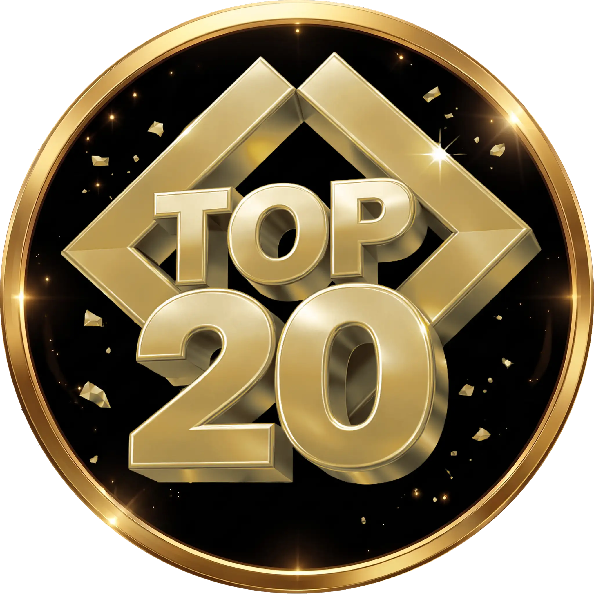 Um crachá circular com borda dourada exibe as palavras “TOP 20” em letras grandes, douradas e tridimensionais sobre um fundo preto, com formas geométricas douradas e pequenos detalhes em confete dourado.