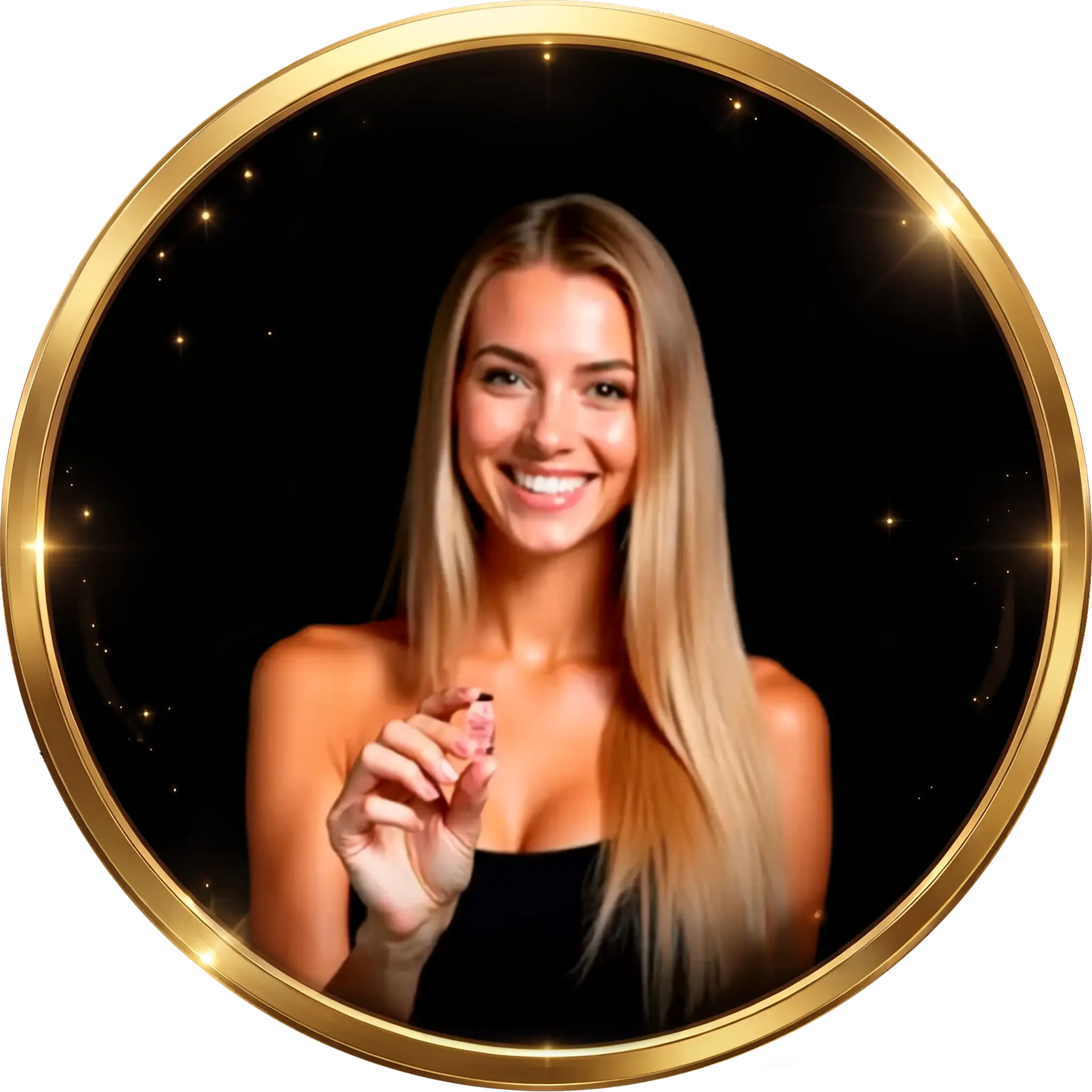 Uma mulher de cabelos loiros longos e blusa preta sorri e segura um pequeno objeto. Ela está emoldurada por uma borda circular dourada com brilhos semelhantes a estrelas sobre um fundo preto.