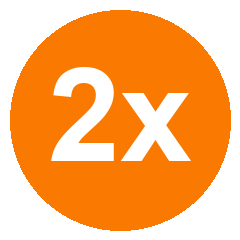 Um círculo laranja com o texto “2x” em fonte grande, em negrito e branca, centralizado no interior.