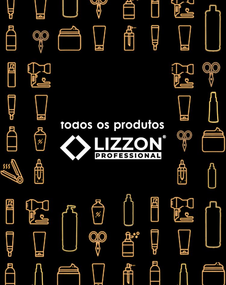 Uma mulher com longos cabelos loiros segura um frasco grande de produto para cabelo da Lizzon Professional. A imagem promove benefícios como brindes exclusivos, frete grátis e até 70% de desconto, com vários produtos Lizzon exibidos na parte inferior.