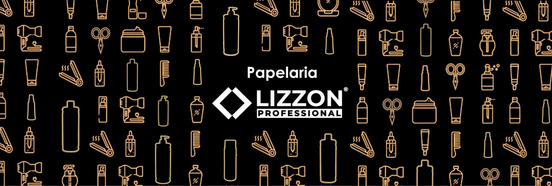 Fundo preto com ilustrações em traço dourado de artigos de papelaria e de salão de beleza, incluindo tesouras, pentes, frascos spray e lápis. O texto branco centralizado diz “Papelaria Lizzon Professional”, acompanhado do logotipo da Lizzon Professional.