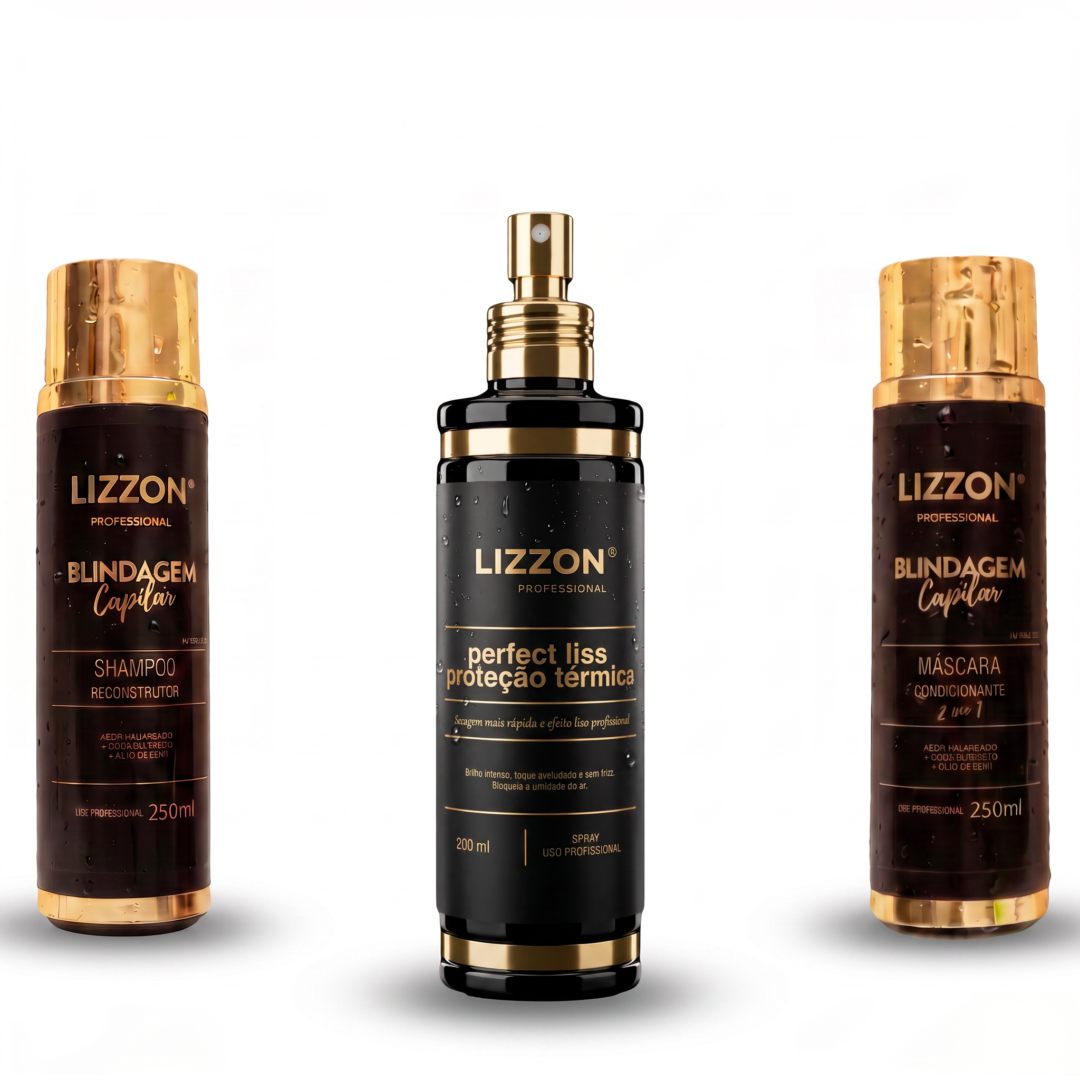 Apresentado como um kit de cuidados capilares para uso doméstico da Lizzon Professional, o Kit Home Care inclui três produtos para os cabelos: xampu à esquerda, spray de proteção térmica no centro e condicionador à direita. Cada produto vem em frascos dourados e pretos com tampas metálicas e rótulos com designs exclusivos.