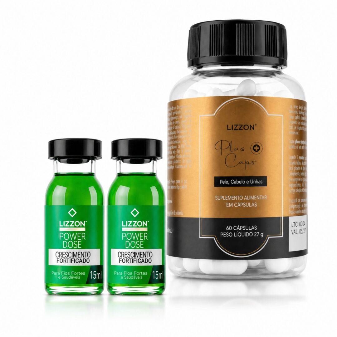Dois pequenos frascos verdes com líquido, rotulados como “Kit Power Hair Force”, estão ao lado de um frasco plástico maior, rotulado como “Lizzon Plus Caps”, que contém cápsulas brancas. Todos os produtos são destinados aos cuidados com o cabelo, a pele e as unhas.