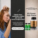 Uma mulher examina o cabelo no espelho, enquanto uma legenda aborda a fragilidade capilar causada por tratamentos para perda de peso. À direita, são mostrados dois frascos e um pote do produto Kit Power Hair Force, com alegações de que fortalecem o cabelo.