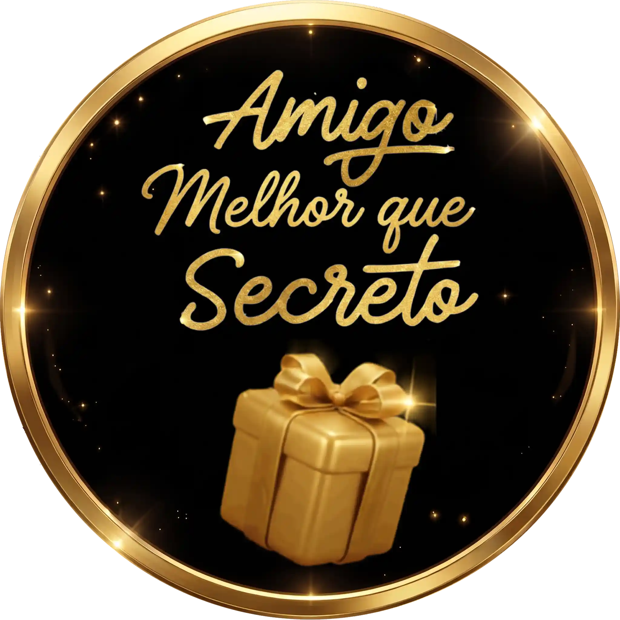 Uma caixa de presente dourada com um laço aparece abaixo do texto em português “Amigo Melhor que Secreto”, em um fundo circular preto com borda dourada e pequenas luzes brilhantes.