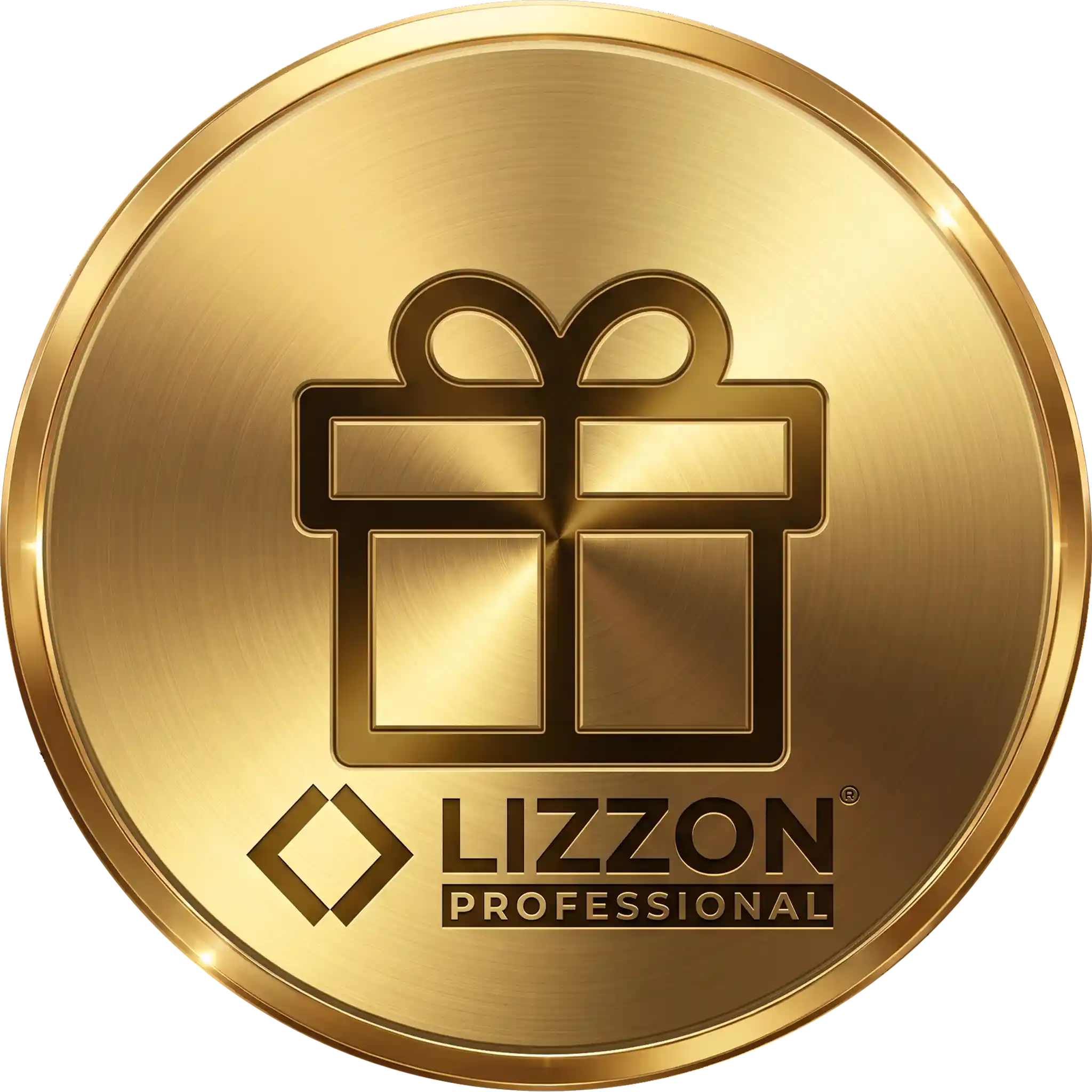Uma moeda de ouro exibe o contorno de uma caixa de presente com um laço e as palavras “LIZZON PROFESSIONAL”, juntamente com um logotipo em forma de diamante abaixo da caixa.