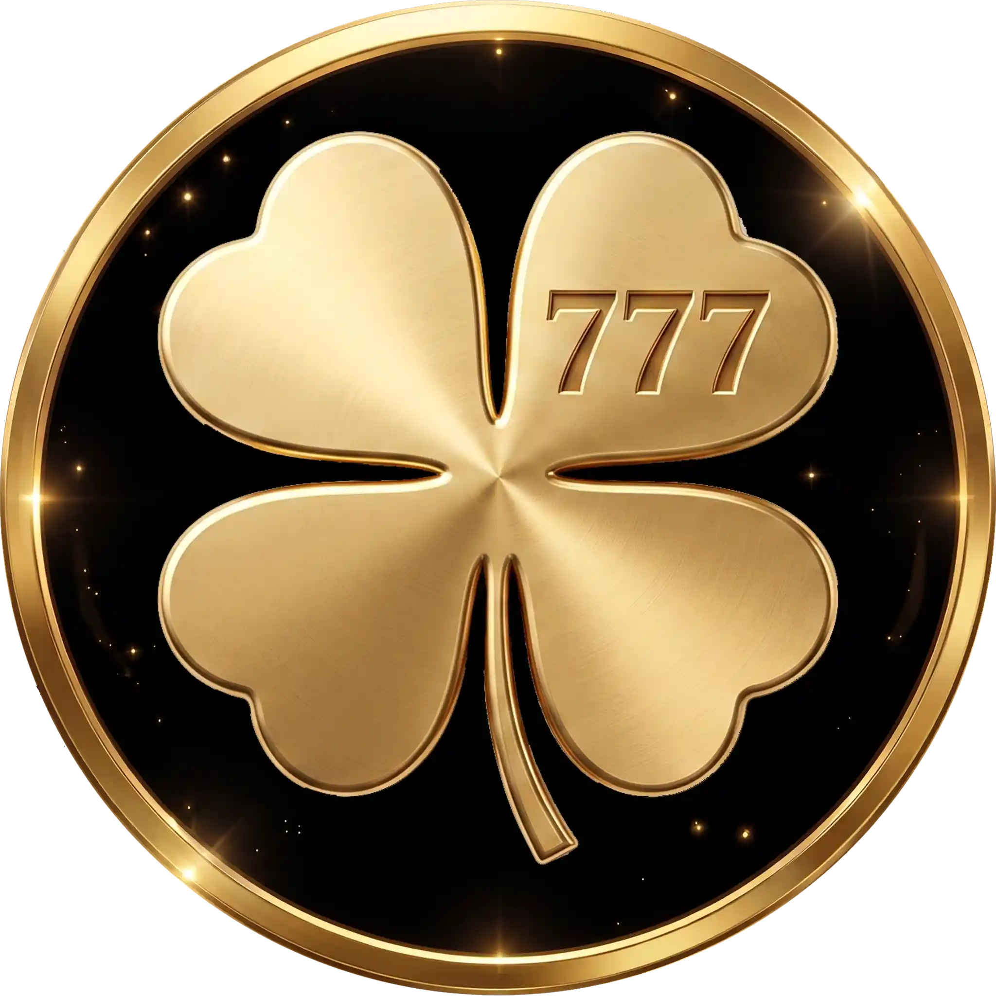 Um trevo de quatro folhas dourado, com o número 777 gravado em uma das folhas, está centralizado em um fundo circular preto e dourado, com pequenos detalhes brilhantes ao redor da borda.