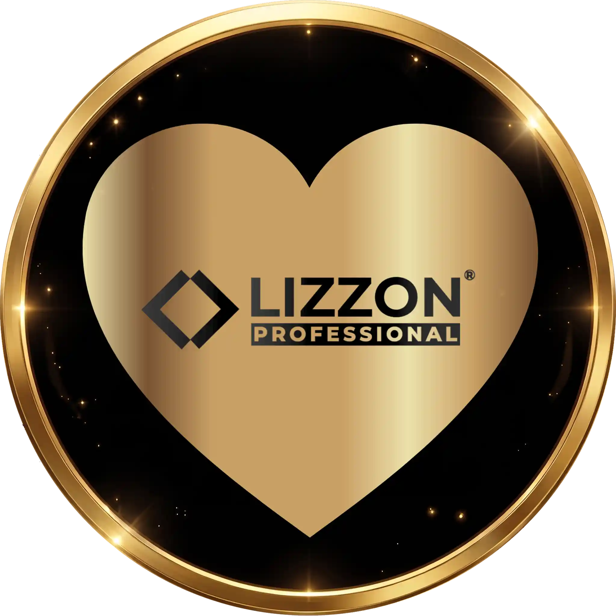 Um coração dourado sobre um fundo circular preto com uma borda dourada. O texto “LIZZON PROFESSIONAL” aparece no centro, com um logotipo geométrico à esquerda do texto.