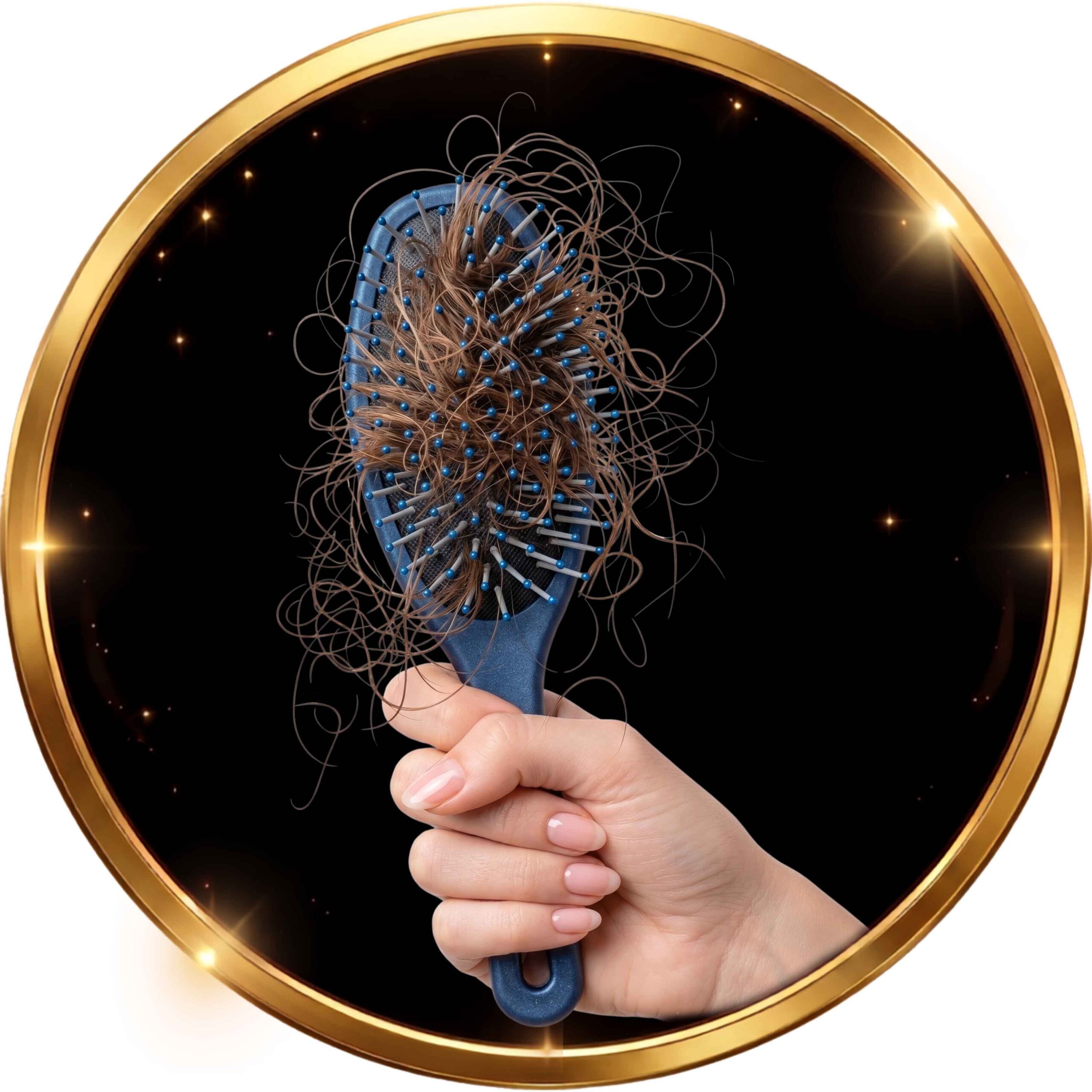 Uma mão segura uma escova de cabelo azul cheia de cabelos castanhos emaranhados, contra um fundo preto com uma moldura circular dourada e efeitos de luz cintilantes.