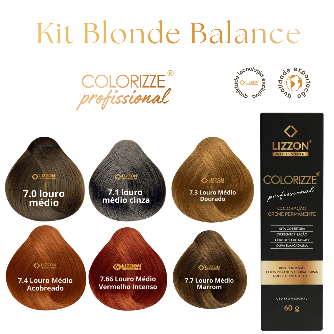 São exibidas seis amostras de cor de cabelo e uma caixa com a etiqueta “Kit Colorizze Blonde Deep - Loiros Escuros (6 tons) + Ganhe Curso Mechas Express”. Os tons de cabelo apresentados incluem loiro médio, loiro acinzentado, loiro dourado, loiro acobreado, loiro ruivo intenso e loiro castanho.