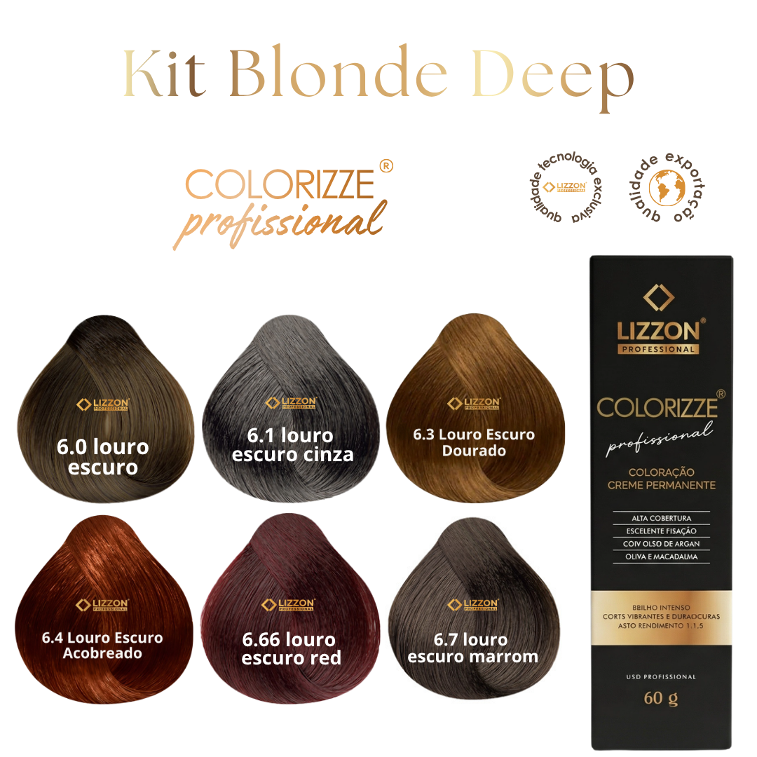 Seis amostras de cores de cabelo, que variam de tons de loiro escuro a castanho profundo, estão expostas acima de uma caixa preta e dourada do Kit Colorizze Blonde Deep - Loiros Escuros (6 tons) + Ganhe Curso Mechas Express. O texto destaca esse kit de coloração em creme permanente e ressalta o bônus adicional de um curso expresso de mechas gratuito.
