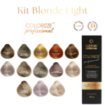 Quinze amostras de tintura de cabelo em vários tons de loiro estão dispostas acima de uma caixa preta e dourada do Lizzon Kit Colorizze Blonde Deep - Loiros Escuros (6 tons), com um texto que descreve o produto como Kit Colorizze Blonde Deep - Loiros Escuros (6 tons) + Ganhe Curso Mechas Express.