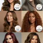 São mostradas seis mulheres, cada uma exibindo um tom diferente da linha Kit Colorizze Blonde Deep - Loiros Escuros (6 tons), incluindo loiro escuro, loiro escuro acinzentado, loiro escuro dourado, loiro escuro acobreado, loiro vermelho escuro e loiro escuro acastanhado. As imagens estão dispostas em três fileiras de duas. Bônus: Ganhe um curso gratuito do Mechas Express com sua compra!.