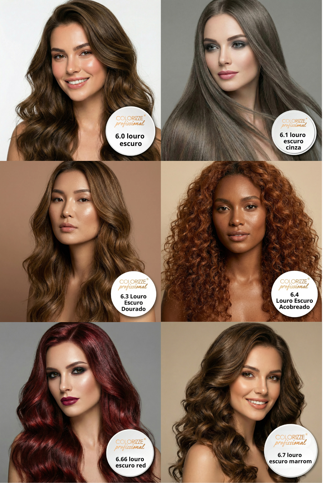 São mostradas seis mulheres, cada uma exibindo um tom diferente da linha Kit Colorizze Blonde Deep - Loiros Escuros (6 tons), incluindo loiro escuro, loiro escuro acinzentado, loiro escuro dourado, loiro escuro acobreado, loiro vermelho escuro e loiro escuro acastanhado. As imagens estão dispostas em três fileiras de duas. Bônus: Ganhe um curso gratuito do Mechas Express com sua compra!.