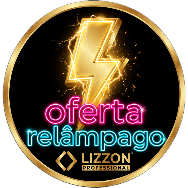 Um crachá redondo com borda dourada exibe um raio brilhante, as palavras “oferta relâmpago” em letras que parecem de néon e o logotipo da Lizzon Professional na parte inferior.