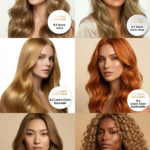 Seis mulheres com diversas cores e estilos de cabelo aparecem em fotos de retrato, cada uma identificada com um tom diferente obtido com o Kit Colorizze Blonde Light - Loiros Claros (13 tons) + Ganhe Curso Mechas Express. Os códigos de cor indicados incluem loiro claro, loiro acinzentado, loiro dourado, loiro acobreado, loiro acastanhado e loiro perolado.