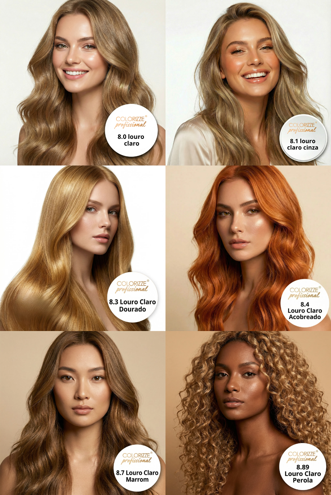 Seis mulheres com diversas cores e estilos de cabelo aparecem em fotos de retrato, cada uma identificada com um tom diferente obtido com o Kit Colorizze Blonde Light - Loiros Claros (13 tons) + Ganhe Curso Mechas Express. Os códigos de cor indicados incluem loiro claro, loiro acinzentado, loiro dourado, loiro acobreado, loiro acastanhado e loiro perolado.