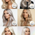 Seis mulheres com cabelos longos, lisos, loiros claros ou prateados em vários tons — cada uma identificada com um código de cor de cabelo diferente — posam contra fundos lisos para mostrar os resultados da coloração do Kit Colorizze Blonde Light - Loiros Claros (13 tons) + Ganhe Curso Mechas Express.