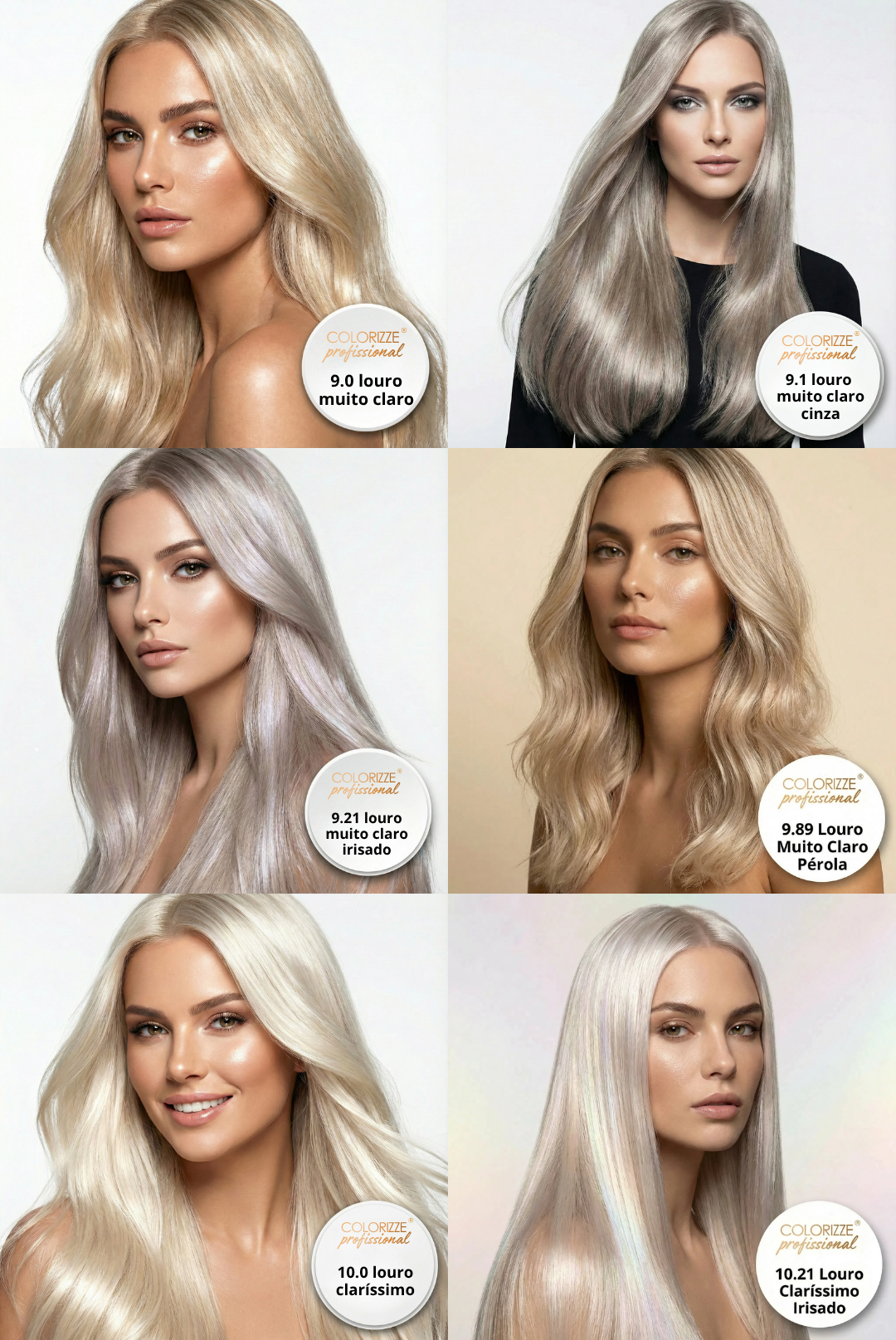 Seis mulheres com cabelos longos, lisos, loiros claros ou prateados em vários tons — cada uma identificada com um código de cor de cabelo diferente — posam contra fundos lisos para mostrar os resultados da coloração do Kit Colorizze Blonde Light - Loiros Claros (13 tons) + Ganhe Curso Mechas Express.