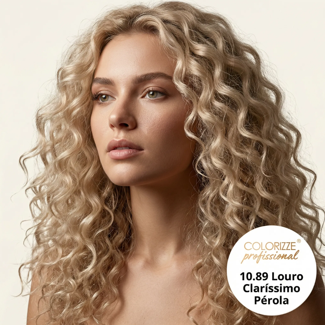 Uma mulher com longos e volumosos cachos loiros platinados olha para o lado. No canto, um rótulo exibe “Kit Colorizze Blonde Light – Loiros Claros (13 tons) + Ganhe Curso Mechas Express”.