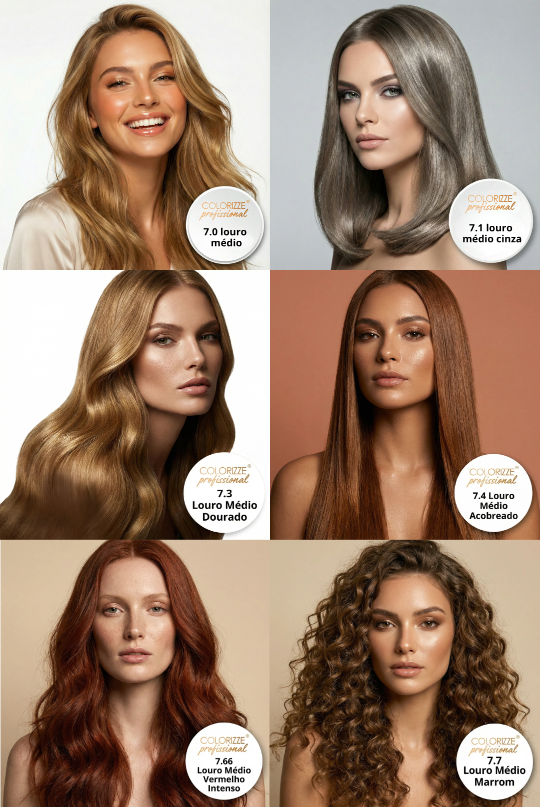 Seis mulheres com diversas cores e estilos de cabelo aparecem em fotos de rosto, cada uma representando um tom do Kit Colorizze Blonde Balance · Louros Médios (6 tons) + Ganhe Curso Mechas Express: loiro médio, loiro cinza médio, loiro dourado médio, loiro acobreado médio, loiro médio intenso e castanho médio.