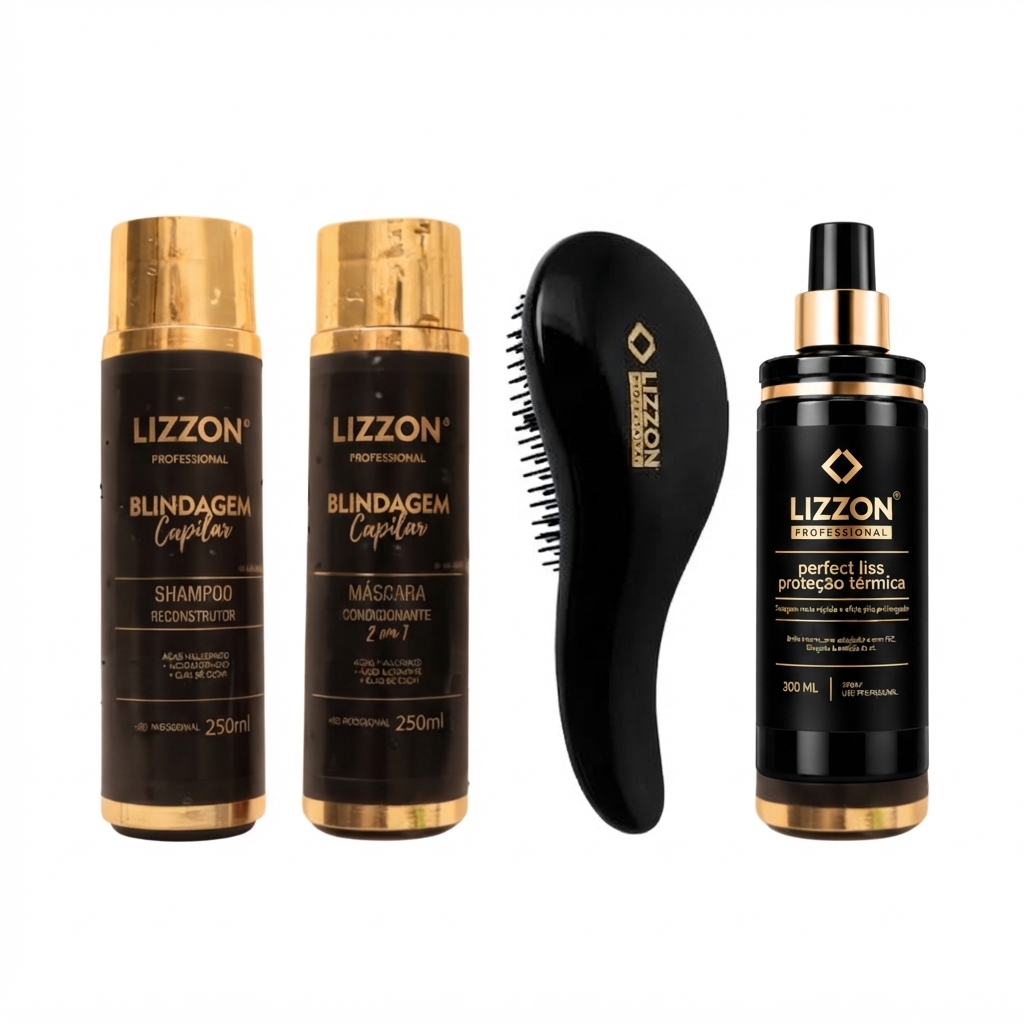 O kit para cuidados capilares em casa — Perfect Liss da Lizzon Professional — inclui quatro produtos essenciais para os cabelos: um xampu, uma máscara condicionadora, uma escova desembaraçante e um spray de proteção térmica, todos apresentados em uma elegante embalagem preta e dourada sobre um fundo branco.