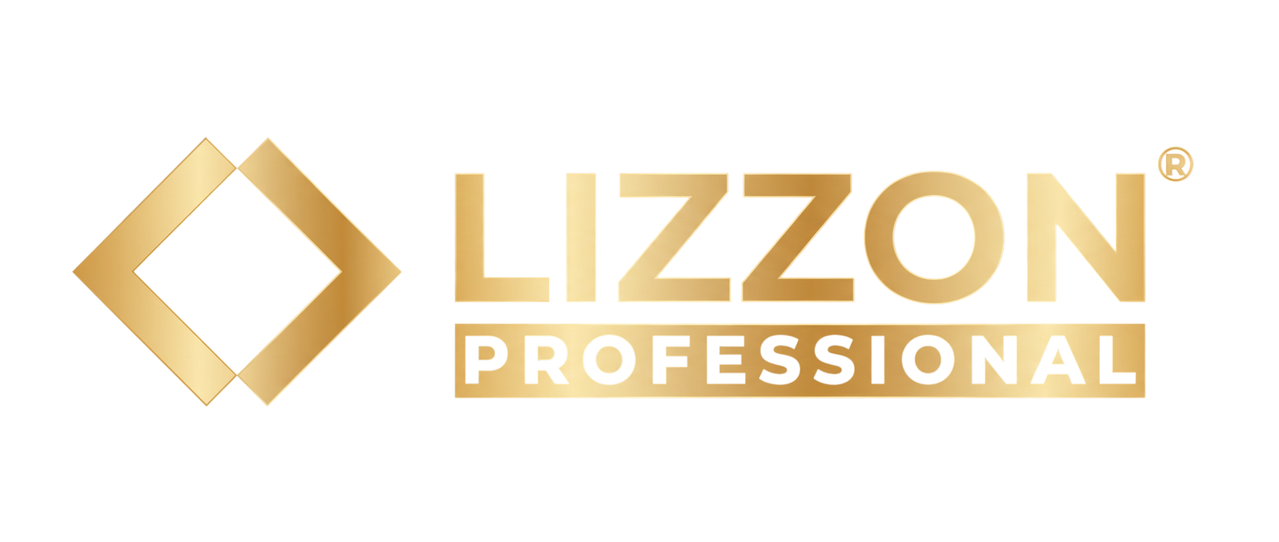 Logotipo da LIZZON PROFESSIONAL em dourado sobre fundo branco, com uma forma geométrica de diamante dourada à esquerda. A palavra “LIZZON” se destaca de forma proeminente, com “PROFESSIONAL” escrito em uma caixa retangular abaixo, enfatizando o design elegante da marca LIZZON.