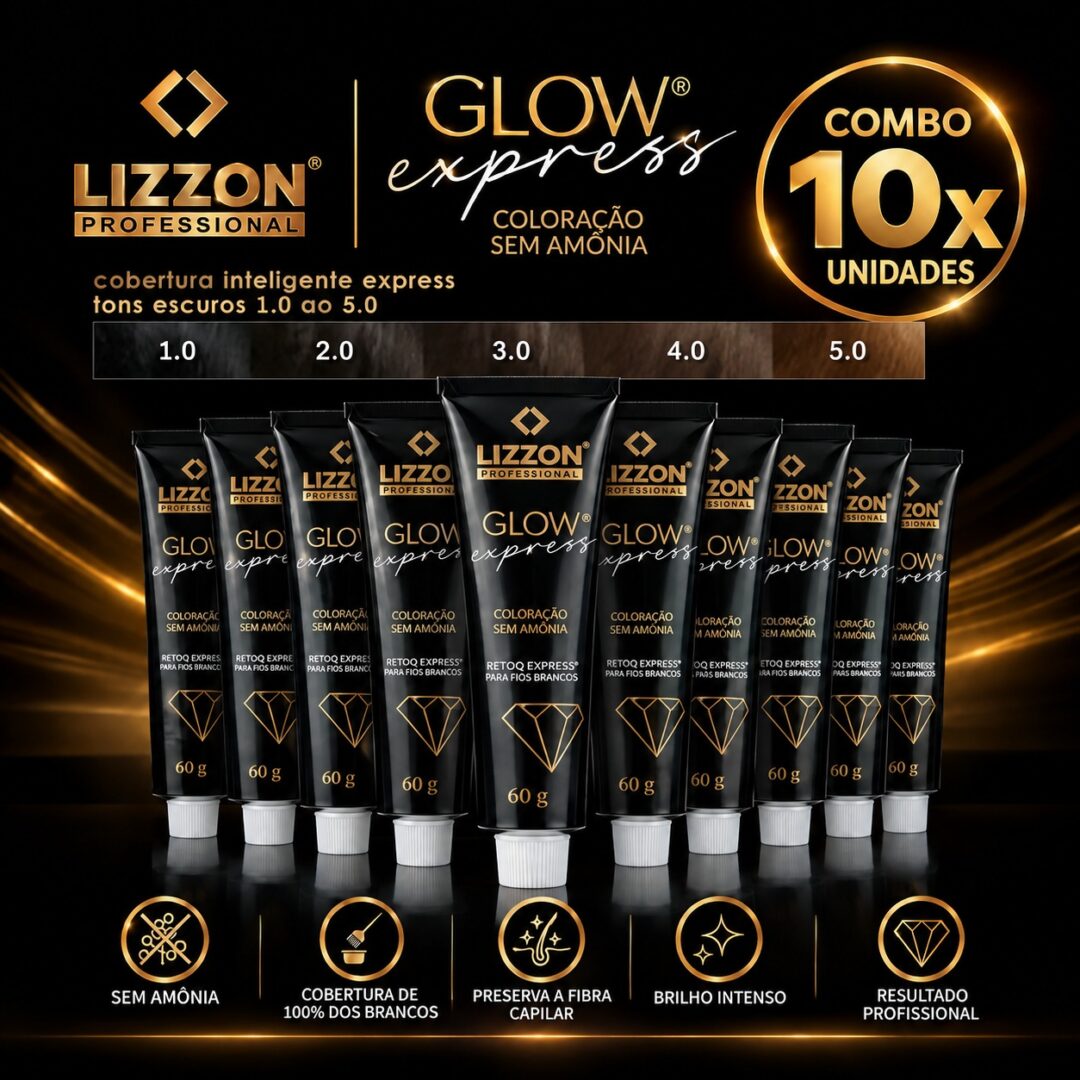 Dez tubos pretos da tintura de cabelo Lizzon Professional Glow Express, em tons variados de 1,0 a 5,0, estão dispostos em fila. O texto destaca a fórmula sem amônia, a cobertura de 100% dos cabelos brancos, o brilho intenso e os resultados profissionais.