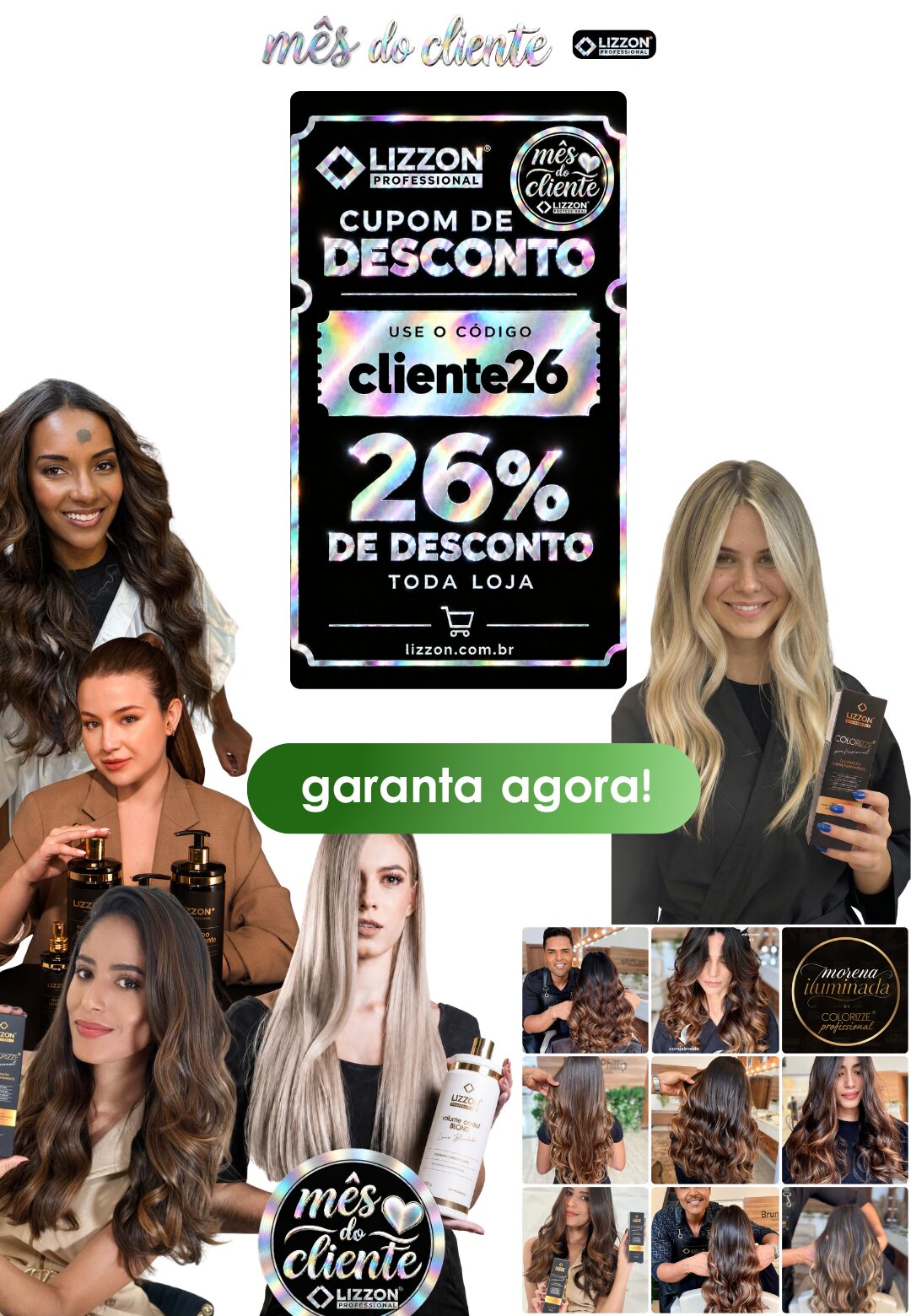 Imagem promocional da linha de cuidados capilares Lizzon Professional com o logotipo 818, mostrando três mulheres segurando produtos e um texto em português sobre ofertas relâmpago com estoque limitado. Um botão verde exibe a mensagem “saiba mais...”.