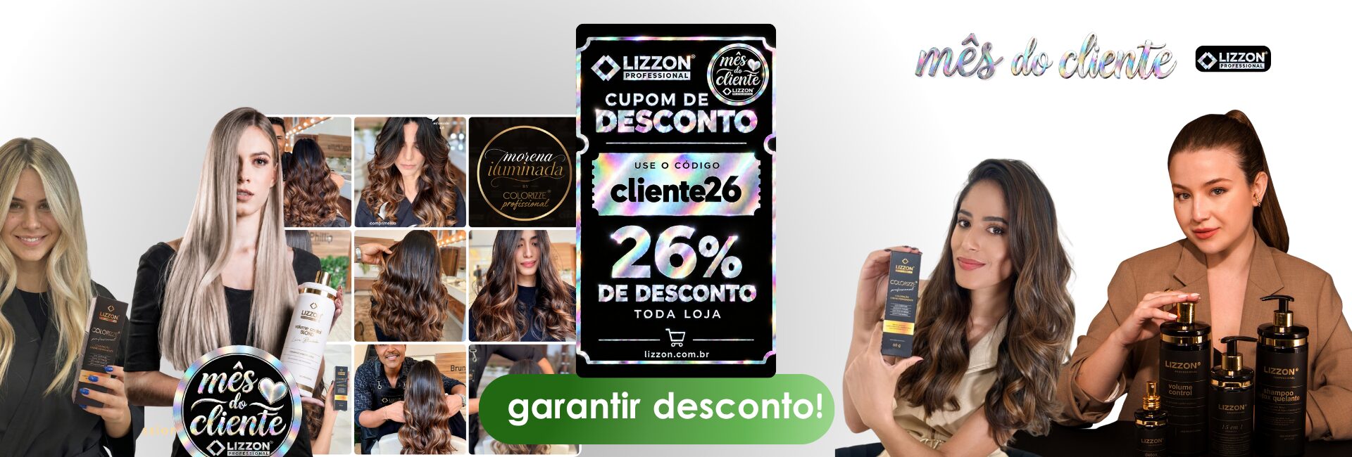 Três mulheres exibem produtos para os cabelos da Lizzon, com o texto “ofertas relâmpago com estoque limitado” no centro. Um botão verde abaixo diz “saiba mais”. Fundo preto com detalhes dourados e o logotipo da Lizzon na parte superior.