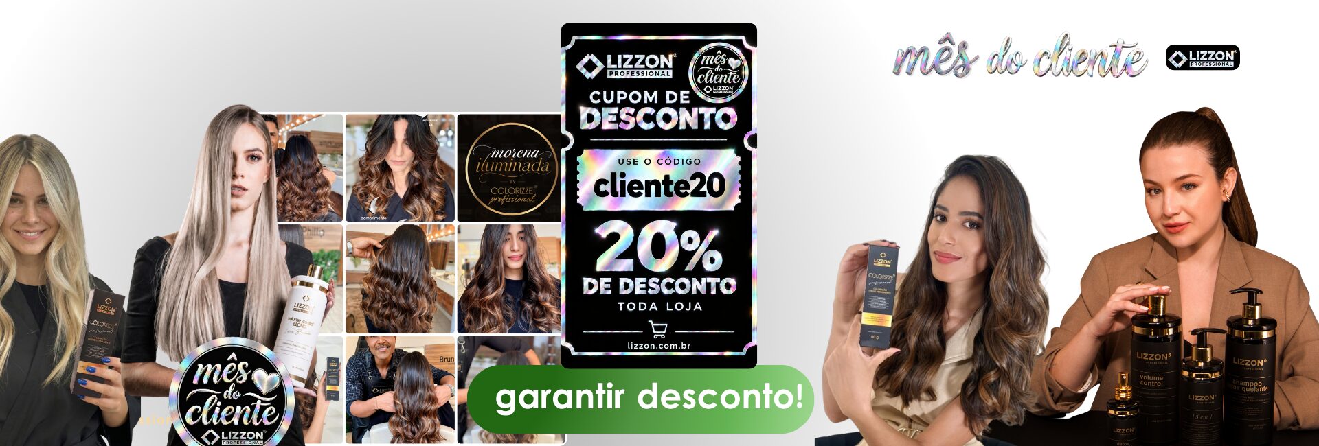 Três mulheres exibem produtos para os cabelos da Lizzon, com o texto “ofertas relâmpago com estoque limitado” no centro. Um botão verde abaixo diz “saiba mais”. Fundo preto com detalhes dourados e o logotipo da Lizzon na parte superior.