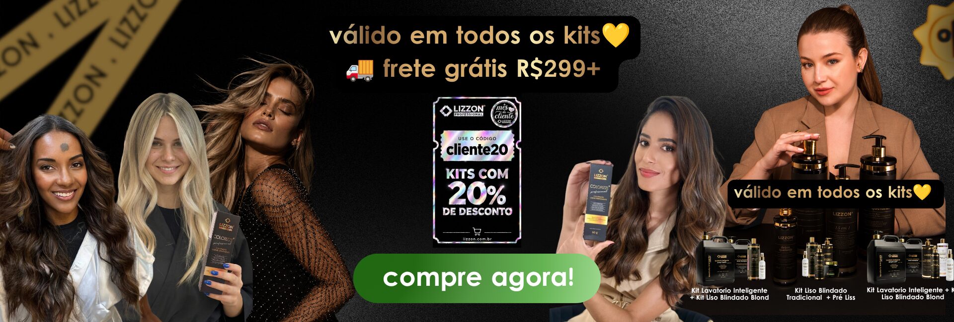 Três mulheres exibem produtos para os cabelos da Lizzon, com o texto “ofertas relâmpago com estoque limitado” no centro. Um botão verde abaixo diz “saiba mais”. Fundo preto com detalhes dourados e o logotipo da Lizzon na parte superior.