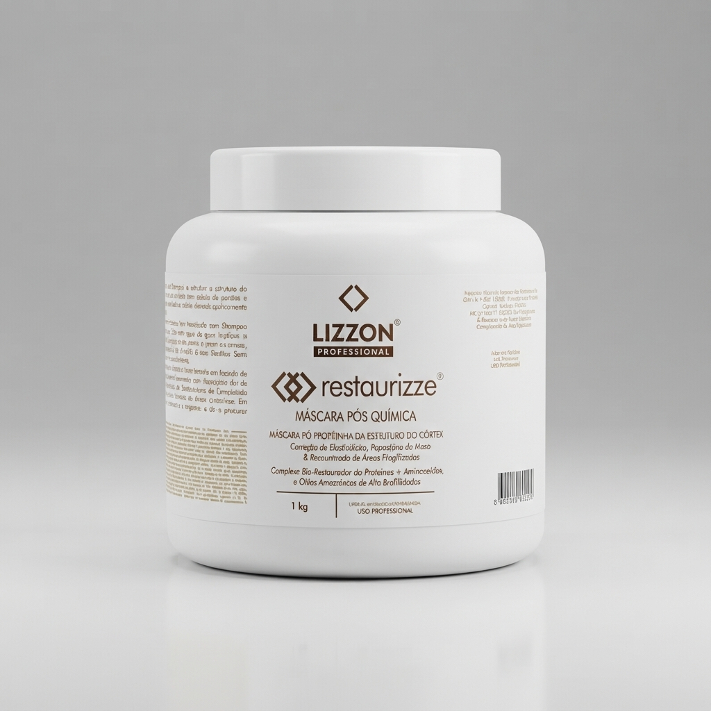Um recipiente de plástico branco com o rótulo Lizzon Professional Restaurizze Máscara Pós-Química, com informações sobre o produto e a marca na parte da frente, sobre um fundo cinza liso.