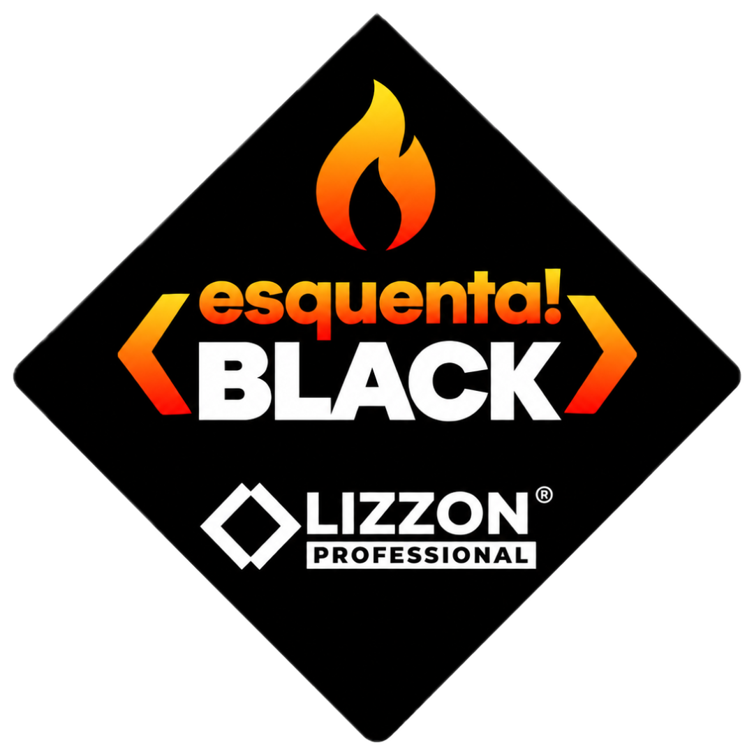 Um logotipo preto em formato de diamante com um ícone de chama acima do texto esquenta! BLACK e o logotipo da Lizzon Professional abaixo.