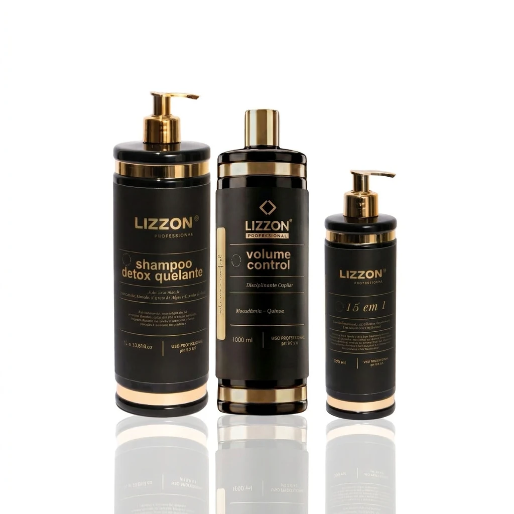Kit Botox Express Lizzon: Shampoo Detox Quelante 1L, Volume Control 1L e 15 em 1 500ml