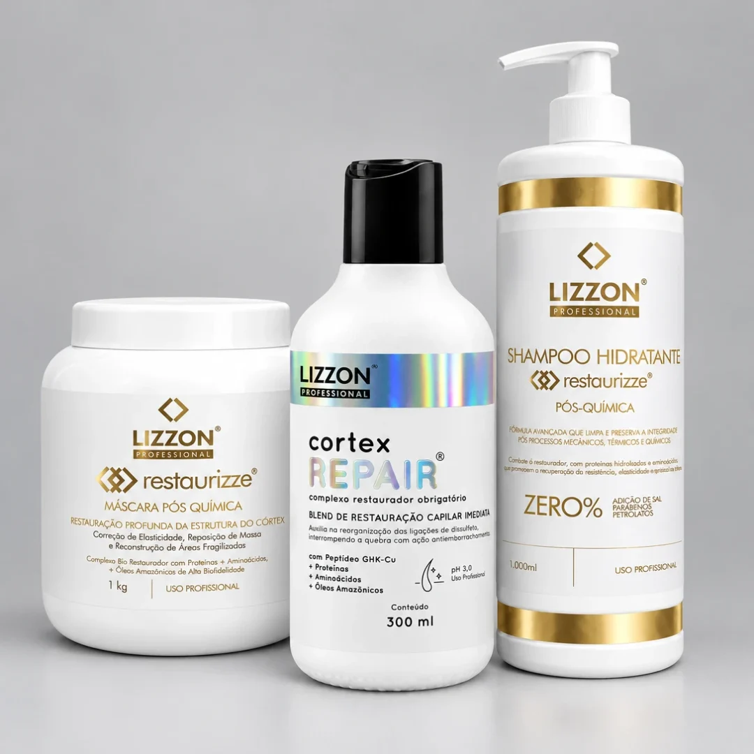 Kit Restaurizze Trio Lizzon Professional: Shampoo Hidratante 1L, Cortex Repair 300 mL e Máscara 1kg